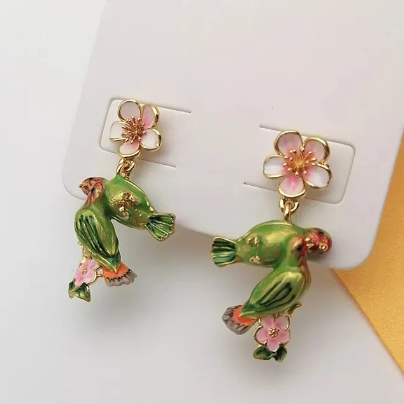 Boho Countryside Style Handdraw Enamel Pink Sakura Flower, Green Lovebird Dangle Earrings for Women, Light Luxury Romantic Craft