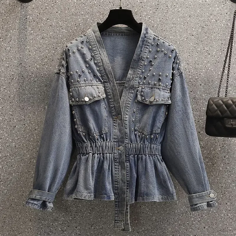 Giacca di jeans per donna con borchie primavera autunno vita con cintura blu donna cappotto di jeans capispalla sottile in vendita offerte originali