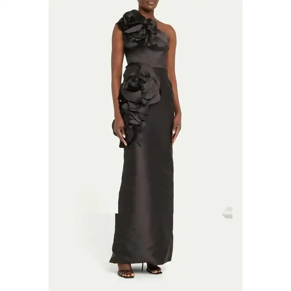 

Gorgeous Black Satin One Shoulder Sleeve Evening Gown Luxury Dubai Women's Special Occasion Formal Ankle Floral Dress