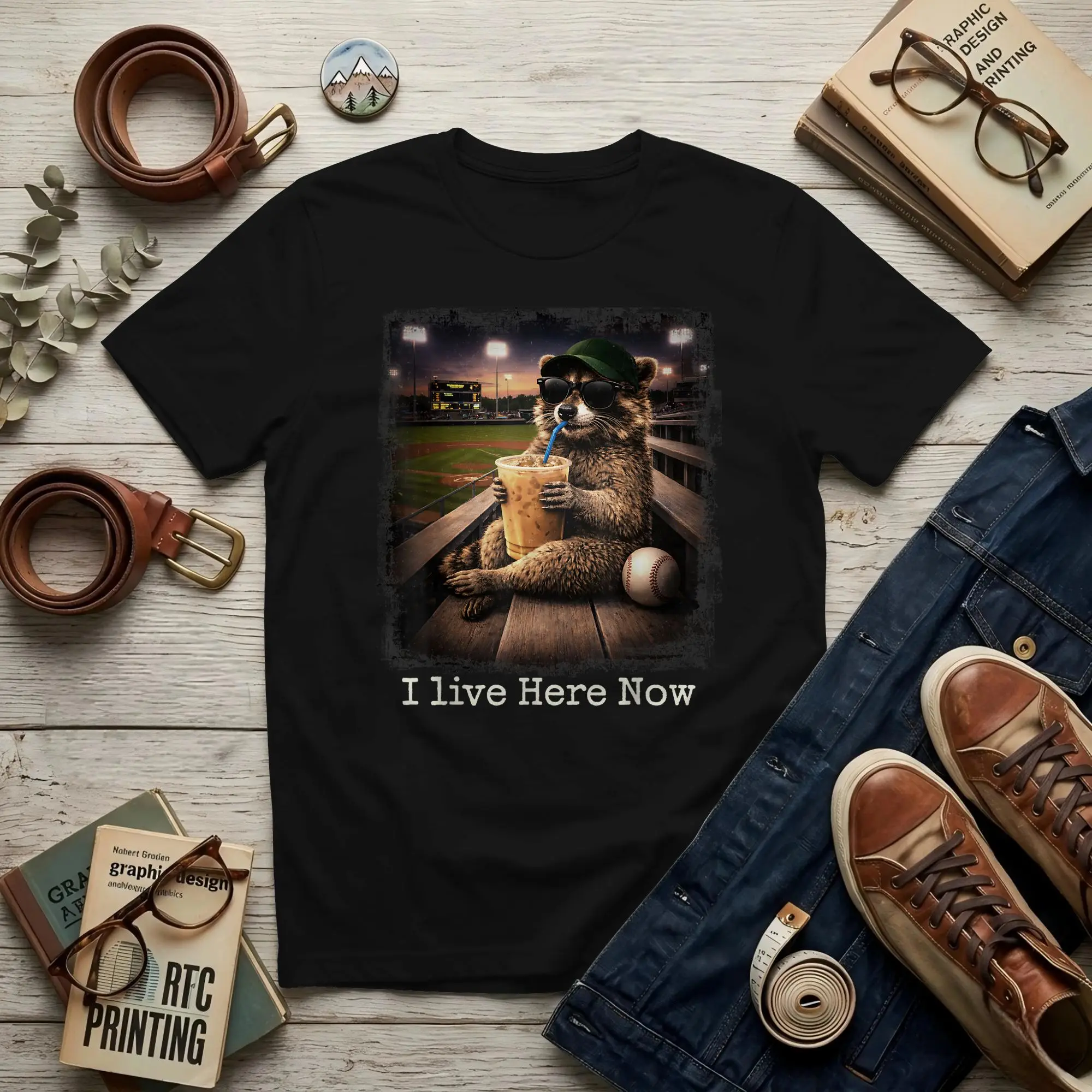 Funny Raccoon Ballfield Baseball Field I Live Here Now Men's T Shirts Baseball Funny Tees Short Sleeve Round Collar Cotton