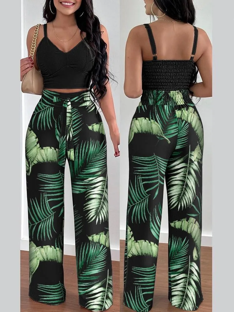 Summer Fashion Print Office Lady Two Piece Sets Women\'s Sexy Sleeveless Off Shoulder Tank Top And Wide Leg Pants Casual Outfits