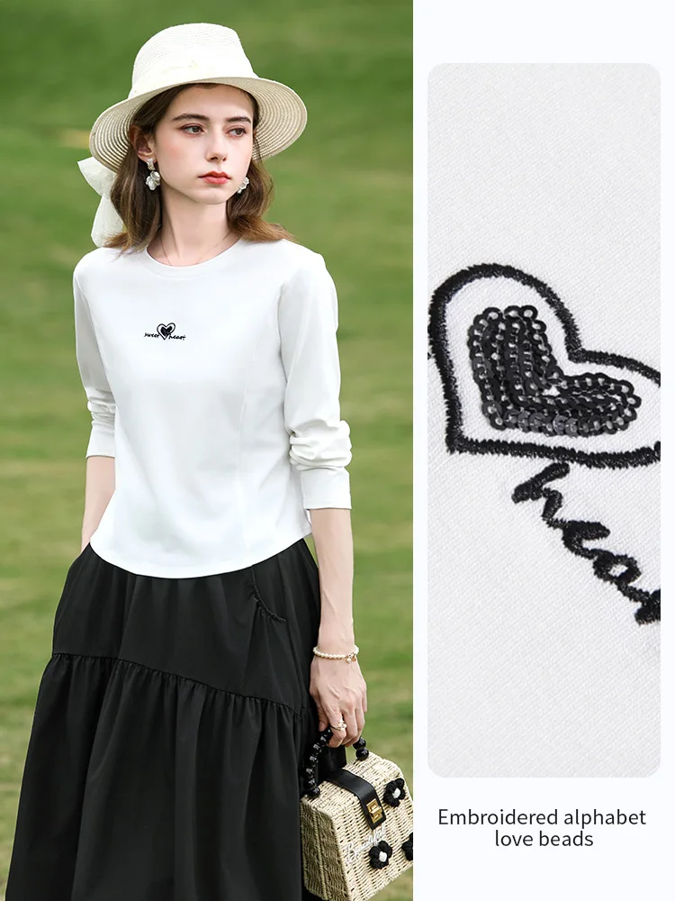 I BELIEVE YOU White Heart-shaped Bead Embroidered Long Sleeved T-shirt 2026 Spring Crew Neck Casual Cropped Slim Top 2261016194
