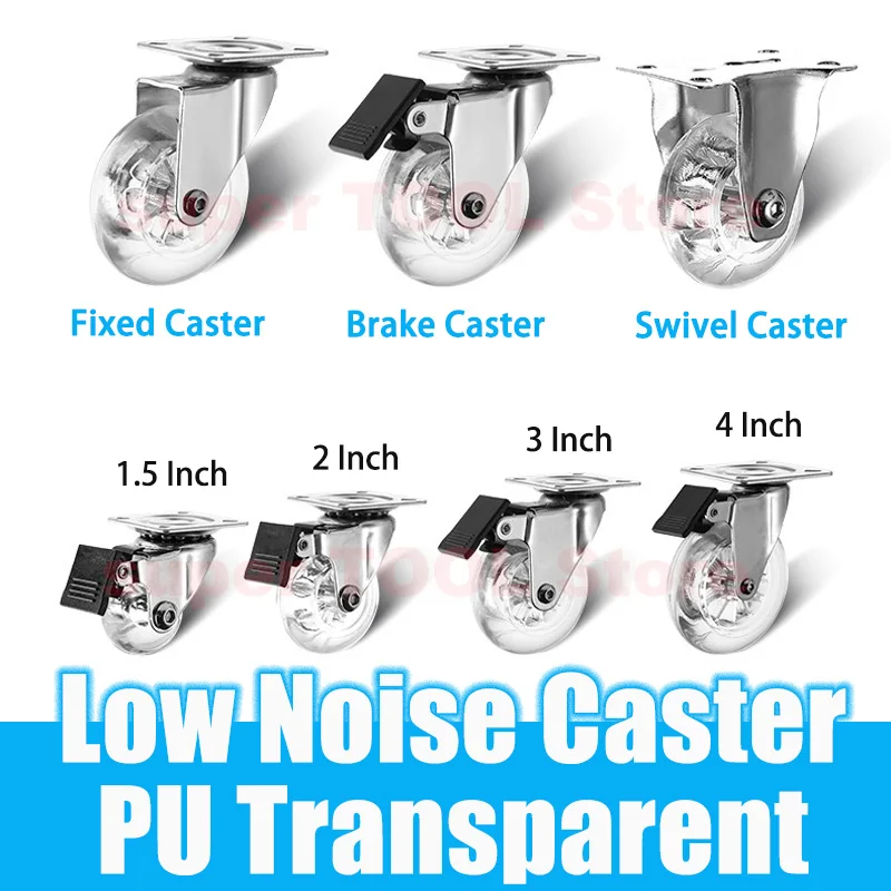 PU Transparent Swivel Caster 1.5 2 3 4 Inch Thread Stem Wheel Low Noise Universal Furniture Roller With Brake Industrial Casters
