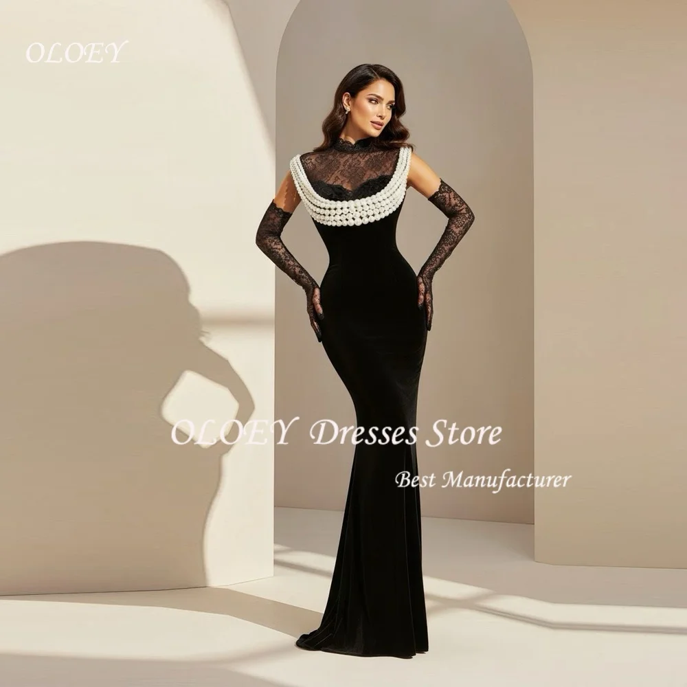 OLOEY 블랙 레이스 특별 행사 드레스 오-넥 롱 드레스 맞춤형 행사 파티 절묘한 공식적인 고품질 맞춤형