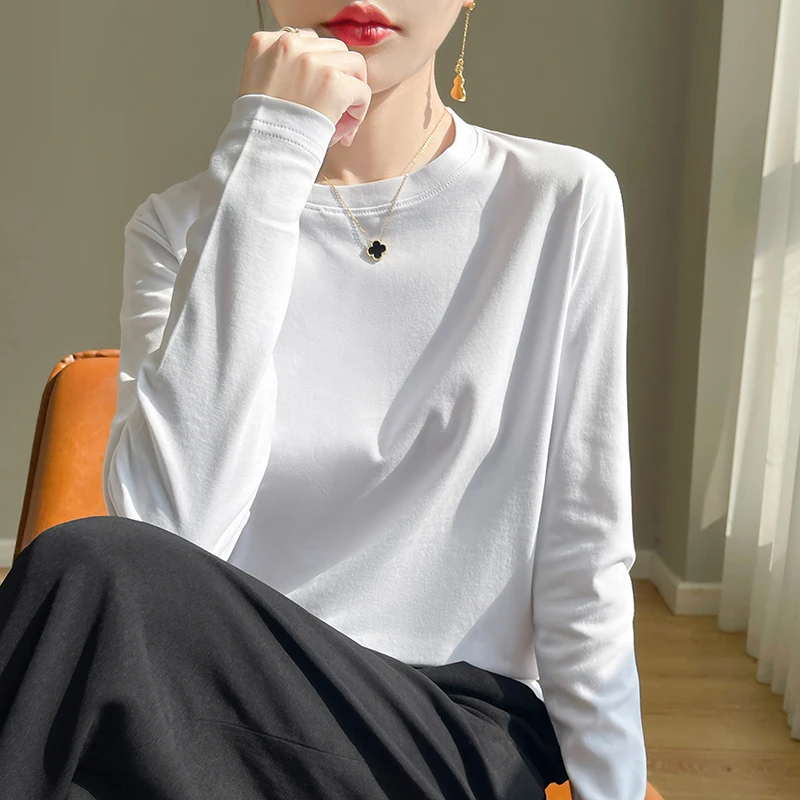 

ZYCZCXX2025 Spring/Summer New Solid Color Silk Cotton Round Neck Long Sleeve T-shirt for Women, Pure Cotton Long Sleeve