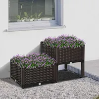 Rattan Raised Bed Double Flower Pot 80x40x44cm with Drainage Hole PP Material Brown for Garden Balcony