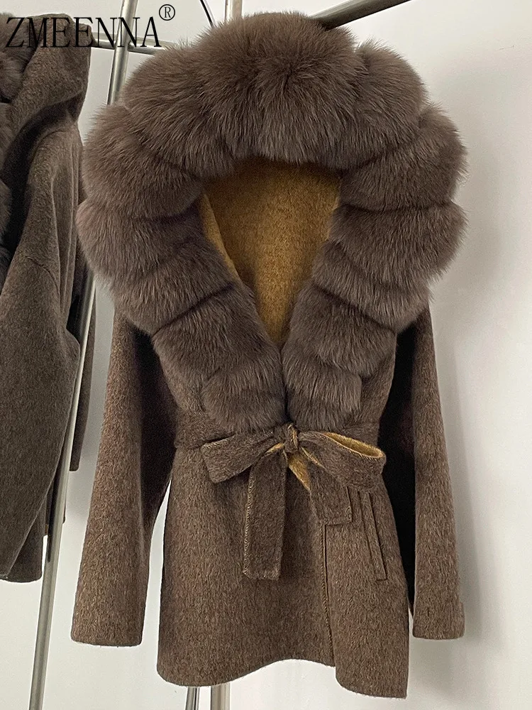 

ZMEENNA Women's Elegant Cream Wool Blend Hooded Wrap Coat With Luxurious Faux Fur Trim Chic Warm Winter Cozy Outerwear ZM3404