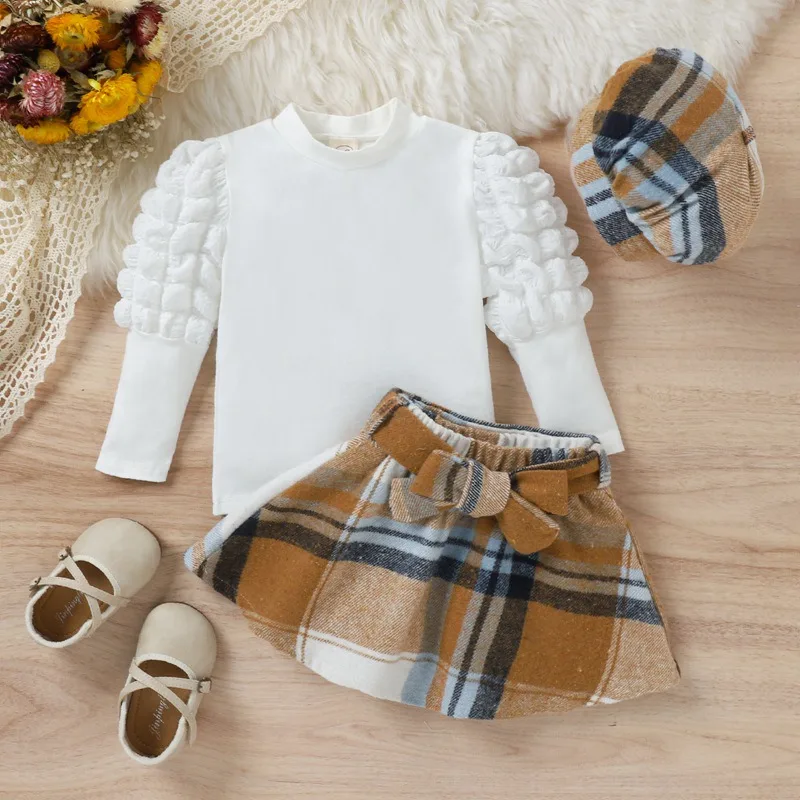 Toddler Kids Girls Fall Clothes Suits White Color Long Bubble Sleeve Crew Neck Tops Plaid Bowknot Skirts with Beret Hat 3Pcs Set