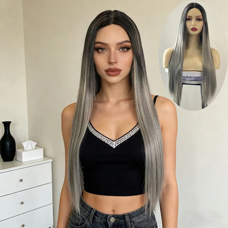 European and American gradient middle-parted wig for women, long straight synthetic hair wig, high-temperature fiber wig