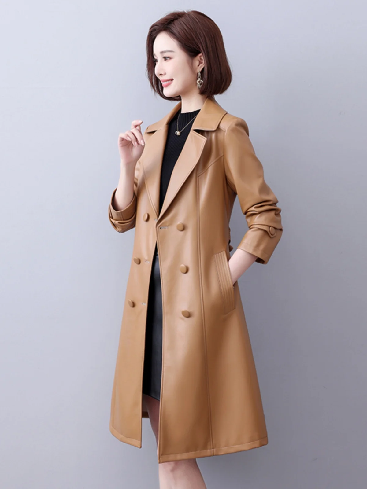 Cappotto in Pelle di Agnello Slim Fit a Lunghezza Media per Donna Primavera 2025, Giacca a Vento in Vera Pelle Heining, Maniche Lunghe, Doppiopetto