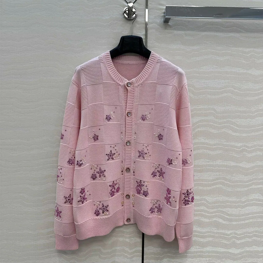 

2025 New Autumn Sweet Embroidery Sequins Floral Beading Plaid Crochet Knitted Cardigans Women O-neck Single Breasted Sweater