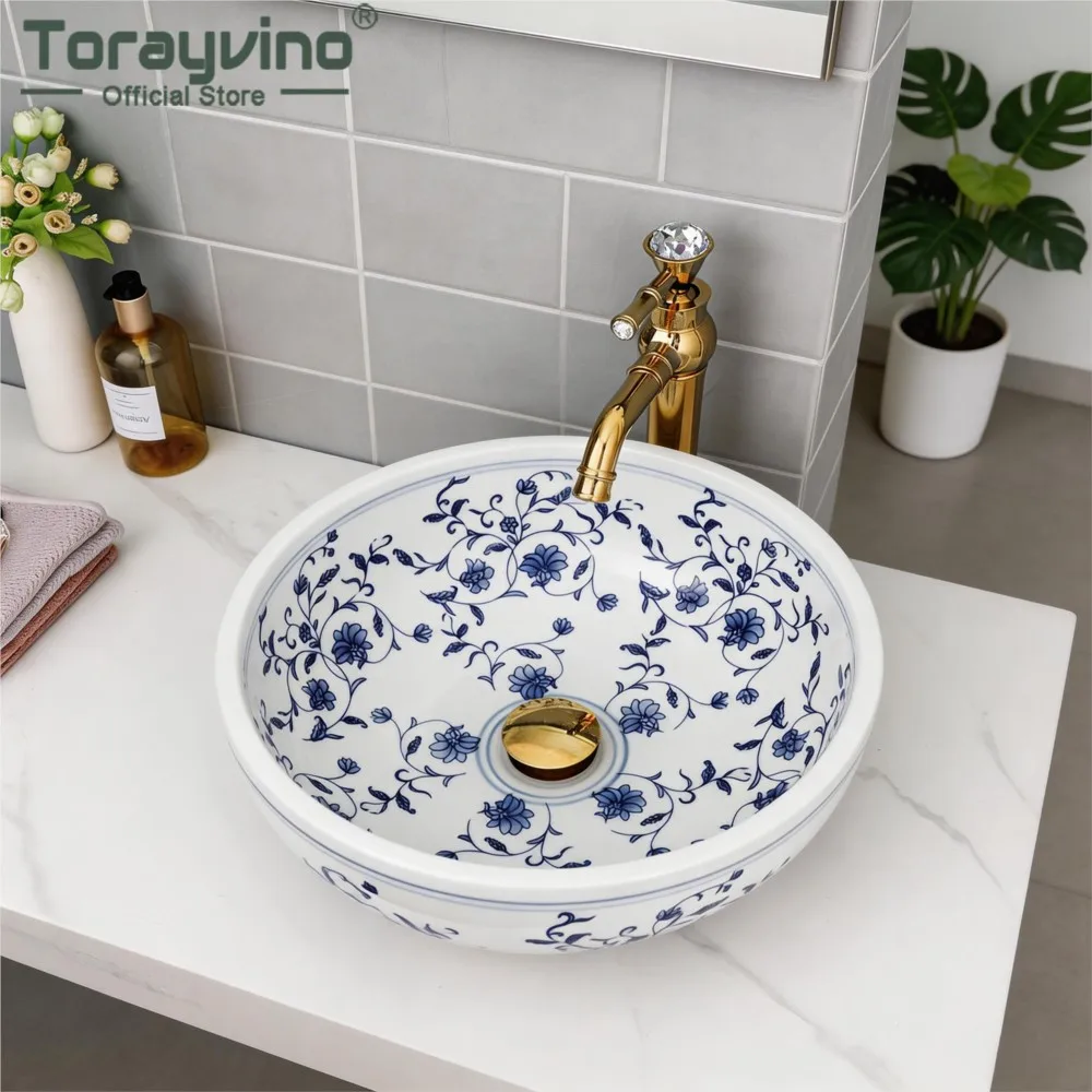 Torayvino Bathroom Round Bowl Ceramic Lavatory Bath Combined Mixer Washbasin Vessel Sink Faucets Set Pop-up Drain Combo Kit