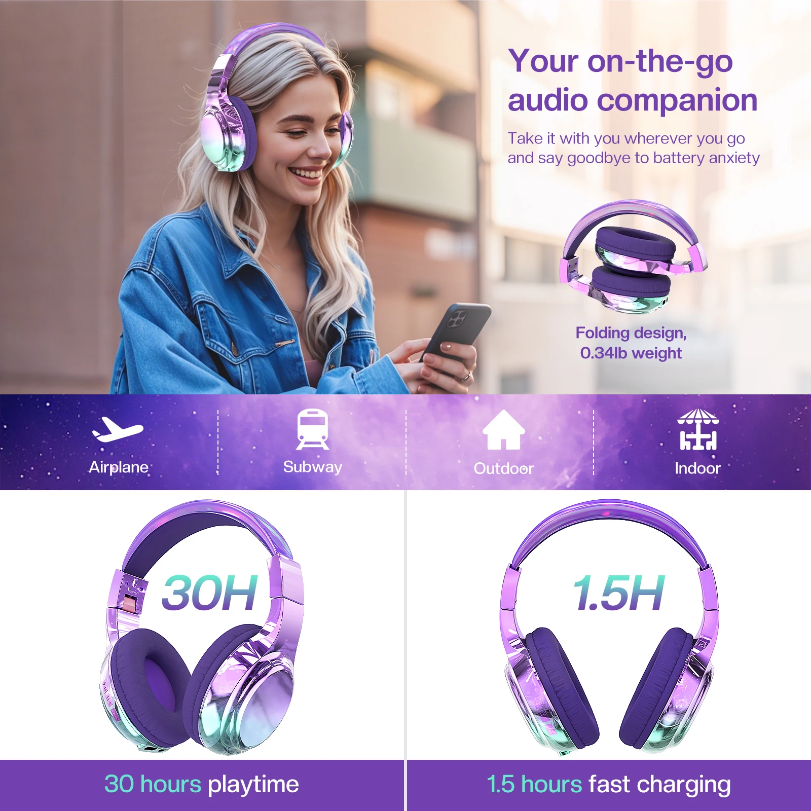 Auriculares Bluetooth con gradiente para niños, cascos inalámbricos por encima de la oreja para niñas con micrófono, auriculares ligeros plegables para viajes escolares
