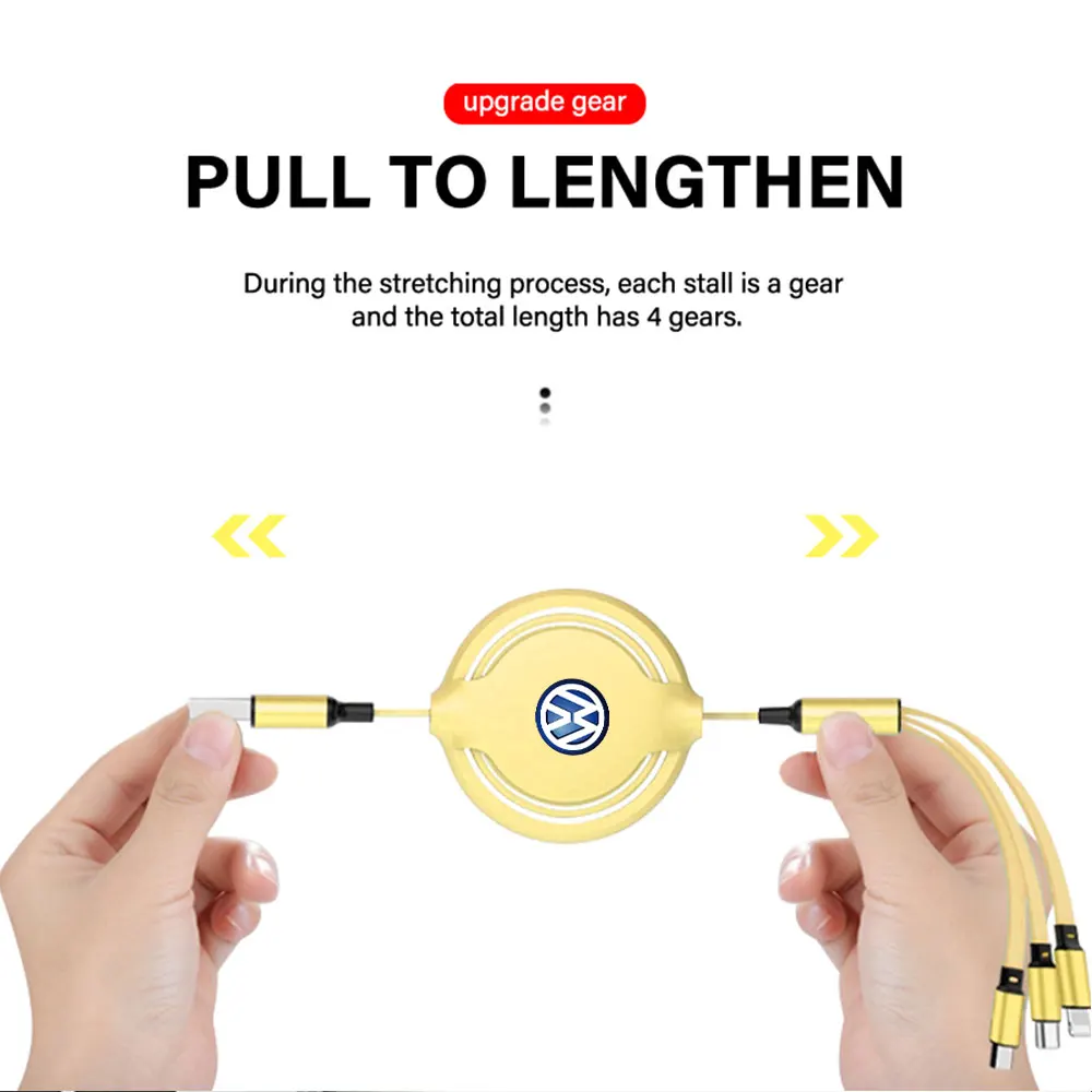 Car 3in1 Fast Charging Data Cable Adjustable Auto Accessories For Volkswagen VW Caddy Scirocco CC Touareg Tiguan T-ROC Golf 4 5