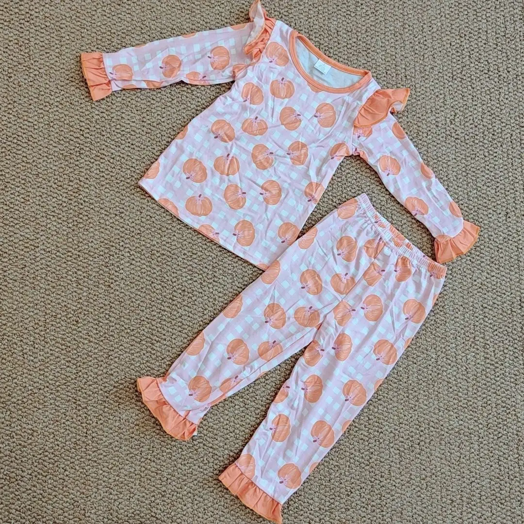

9.16 Autumn Wholesale Western Boutique children Baby Girls Orange Pumpkin Top Pants Bamboo Pajamas Clothes Sets
