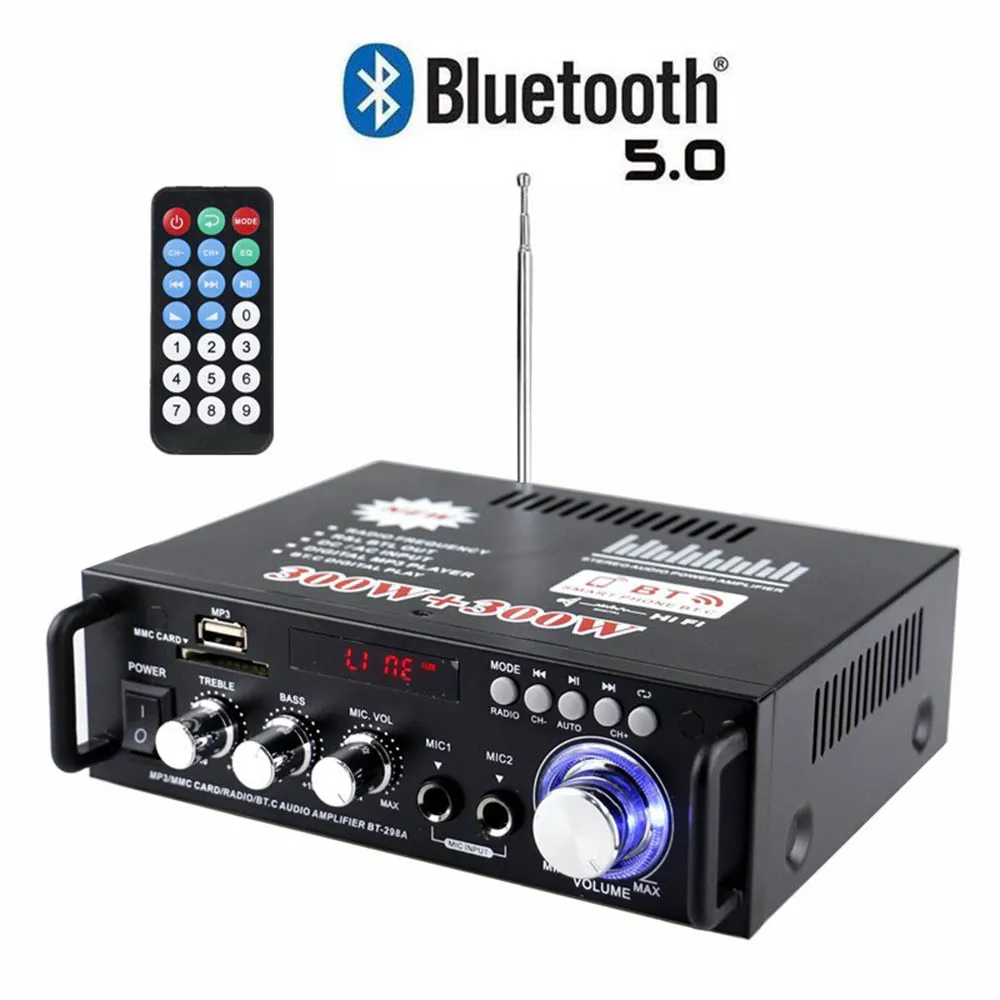 300Wx300W Bluetooth-Compatible 5.0 Stereo Audio Amplifier Receiver Dual Channel Power Amp with USB FM Radio Mic Input+Remote