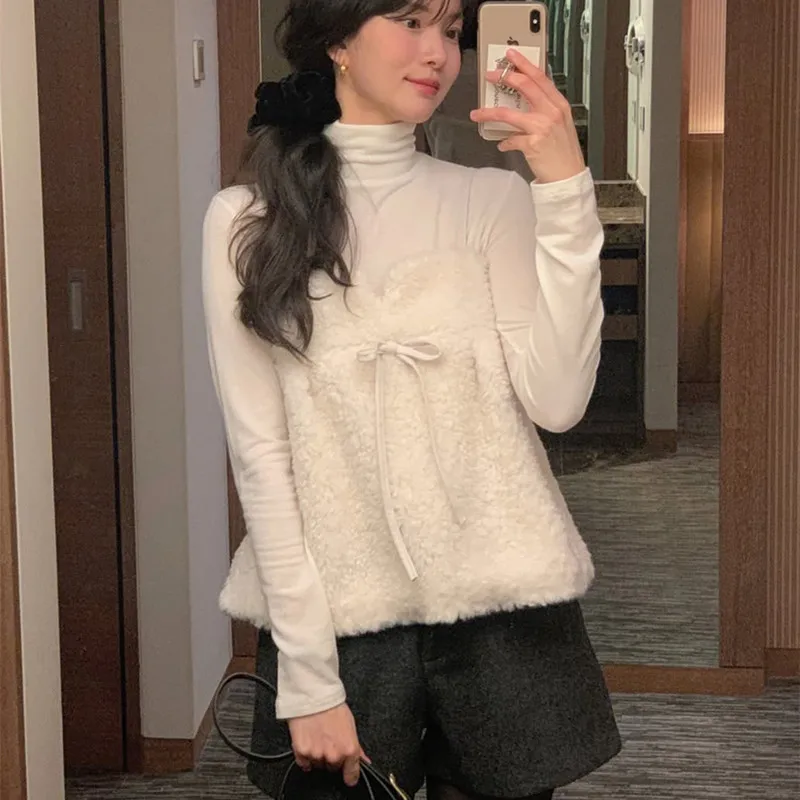 

Sweet Cute Spring New Arrival Women's Lamb Velvet Knot Strap Vest Korean Sle Sweater Inner Wear Regular Fit