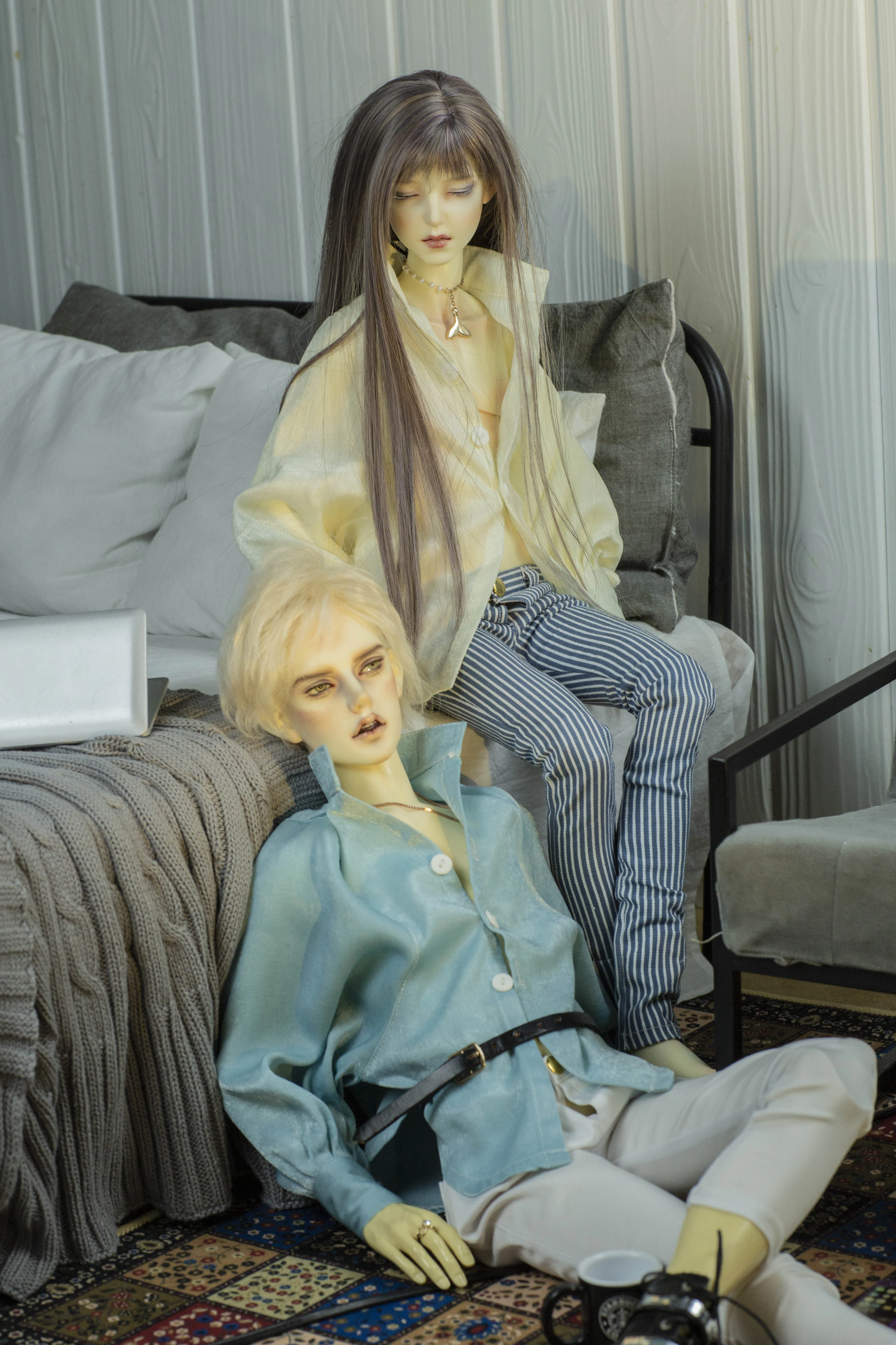 D04-A2047 children handmade toy  1/4 1/3 uncle Doll DD BJD/SD popo68 70 customized clothes blue Beige  Waist cinching  shirt1pcs