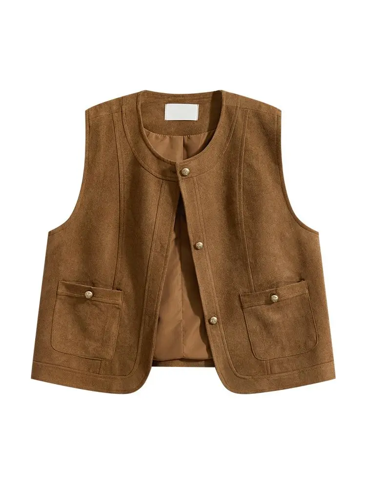 

Women's Cognac Suede-Textured Vest - Retro Cropped Layering Piece with Gold Button Accents | Autumn Capsule Wardrobe Essential