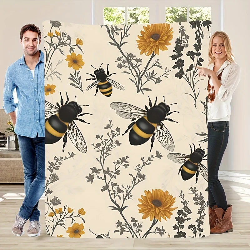Cozy Cute Minimalist Insect Sunflower Print Flannel Blanket Throw with Vibrant Bee Flower Design, Perfect for Sofa, Bed