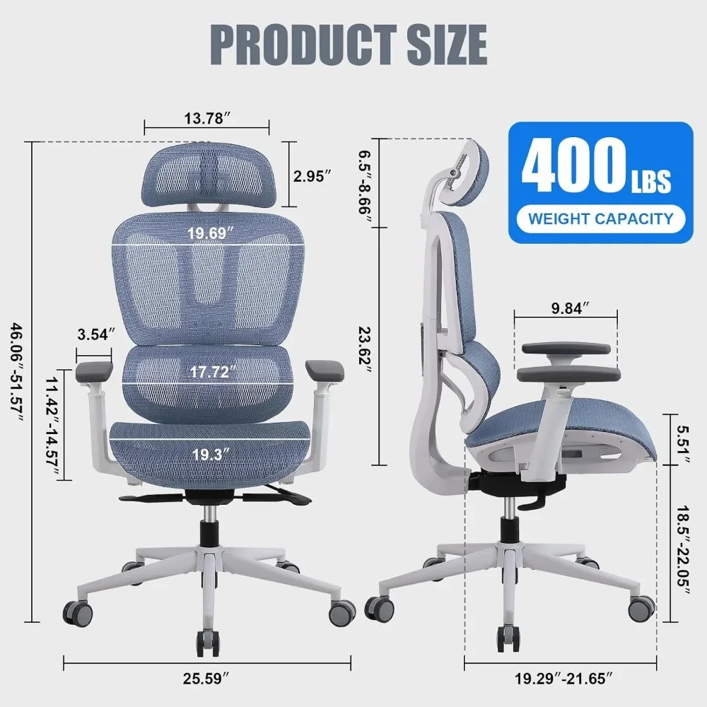 Silla de oficina ergonómica, soporte Lumbar, espalda alta, profundidad del asiento ajustable, reposabrazos 3D y reposacabezas, silla de oficina de malla