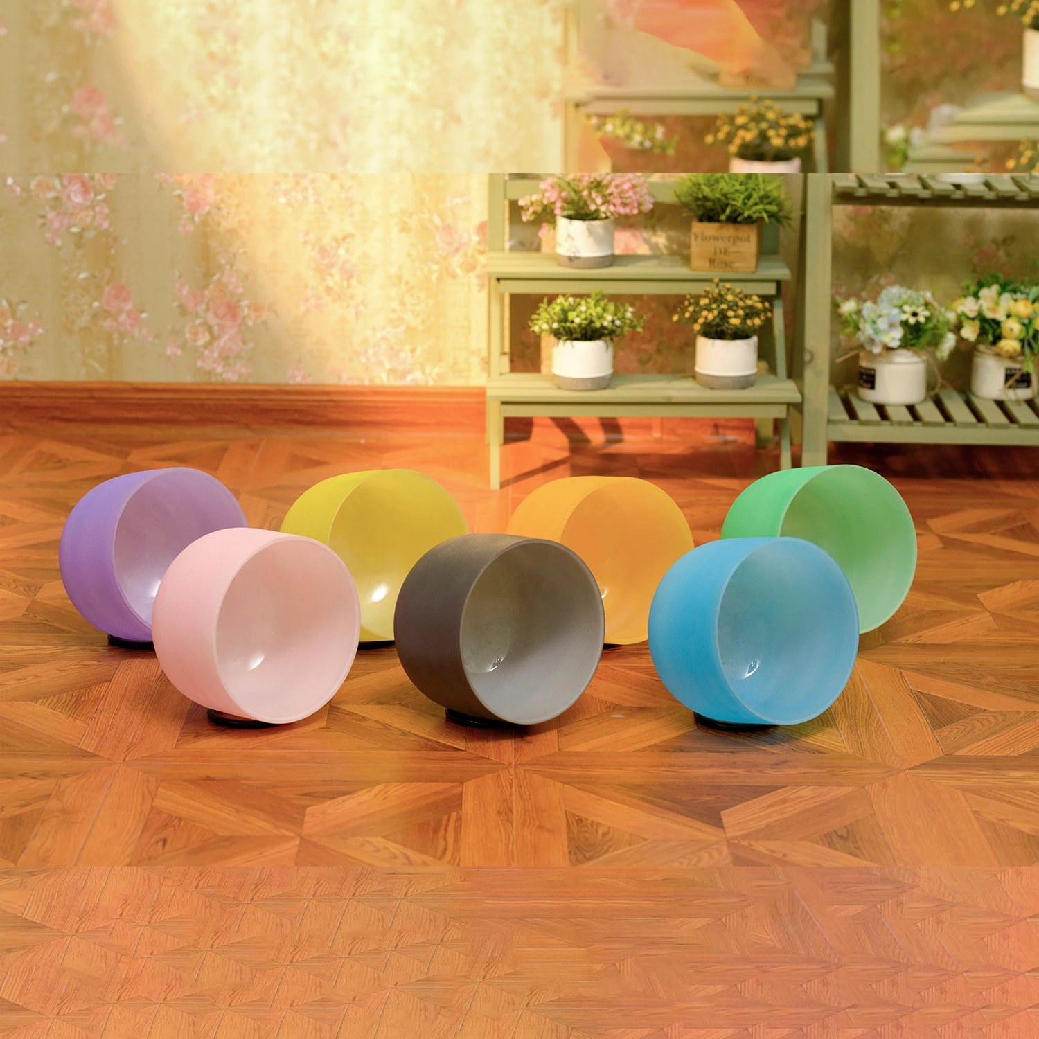 Hye-eun Colored Crystal Singing Bowl set of 7pcs 7-12 inch Quartz Singing Bowls with Carrry Cases for Sound Healing Meditation