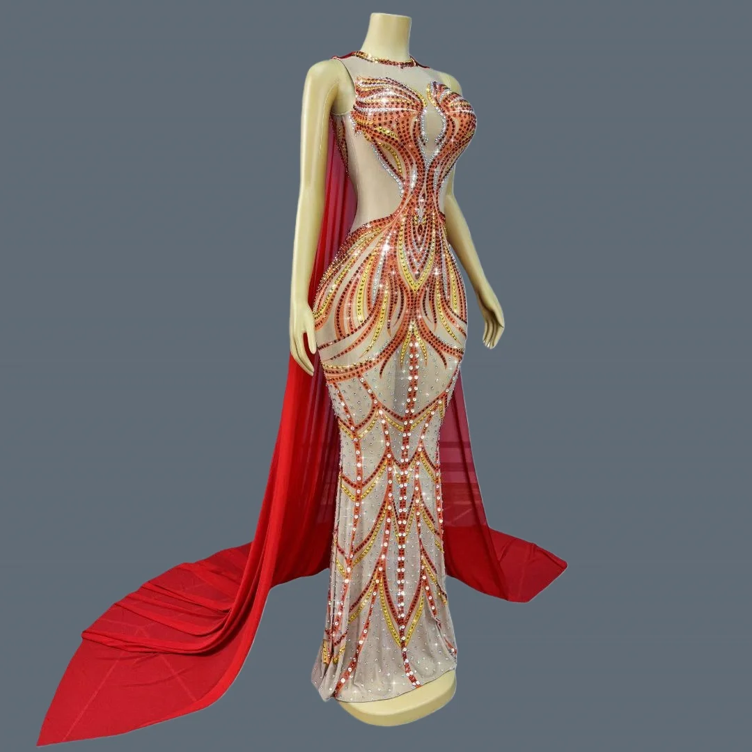 Festival Celebrate Birthday Party Long Cloak Floor-length Dress Night Event Show Evening Gown Sparkly Rhinestone Wear Huoshaoyun