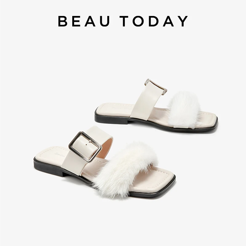 

BEAUTODAY Summer Slippers Women Genuine Leather Buckle Mink Fur Sandals 2024 Open Toe Flats Outdoors Ladies Shoes Handmade 36316