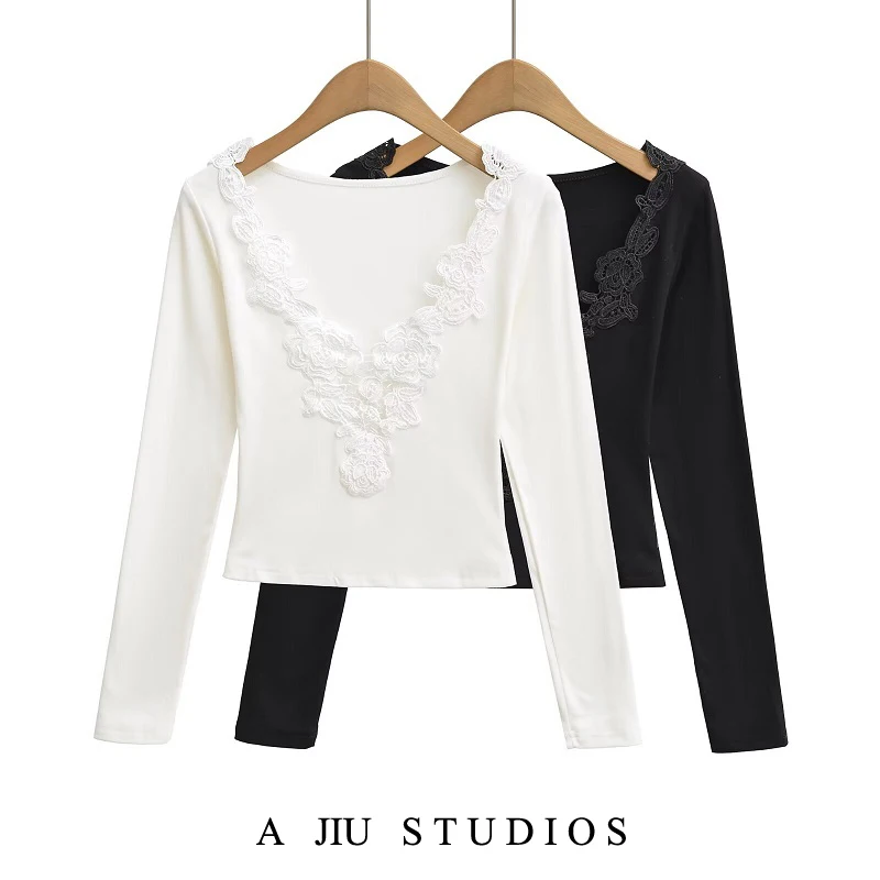 

Pure Desire Sexy Long Sve T-irt Women's Autumn Winter Slimming Lace Patchwork V-ne Base irt Inner Wear Top