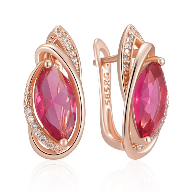 Kinel Hot Red Rhombus Natural Zircon Drop Earrings for Women Fashion 585 Rose Gold Color Vintage Party Fine Daily Jewelry