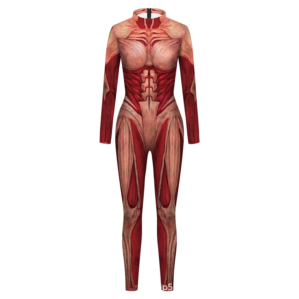 Adult Womens Human Body Muscle Tissue Jumpsuit Mens 3D Print Muscle Scary Halloween Party Tight Bodysuit Woman Cosplay Costumes