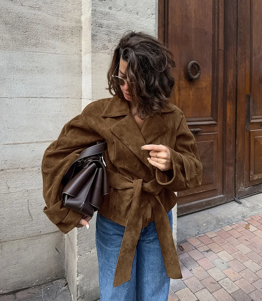 Women's Suede Wrapped Lace up Coat Vintage Commuting Brown Suit Collar High-End Autumn/Winter Fashion for Ladies
