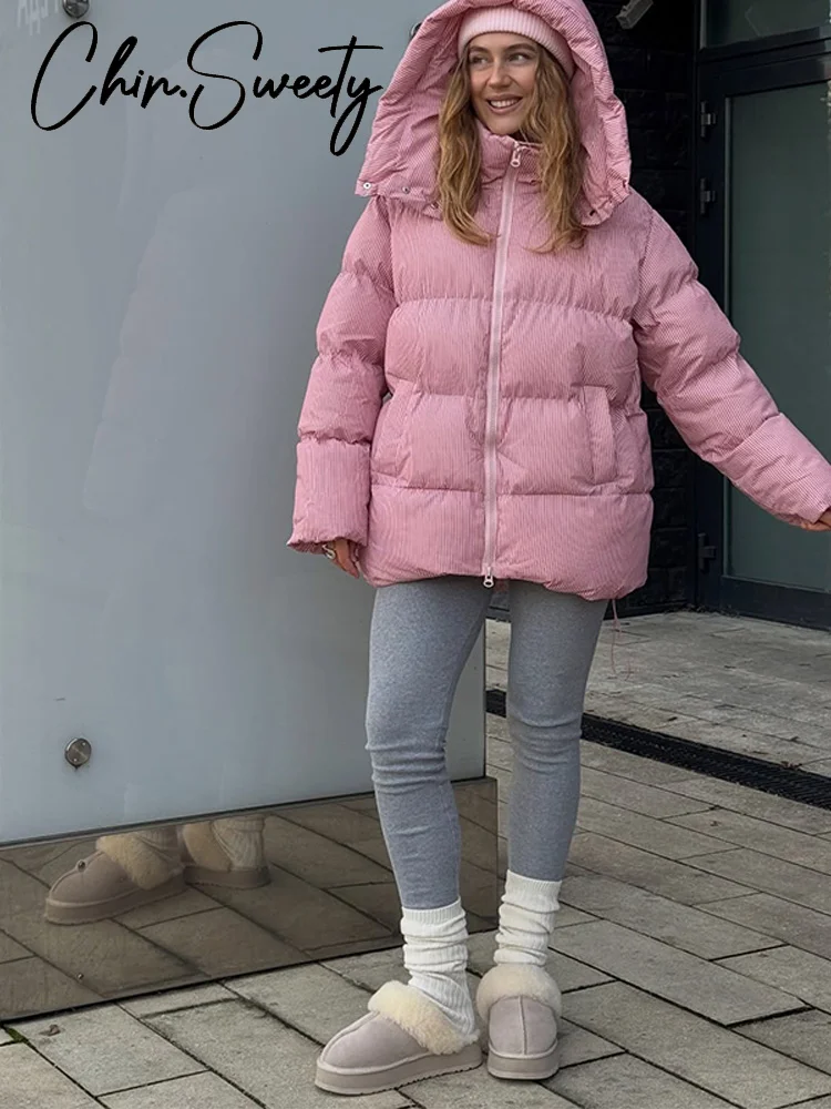 Cappotto in cotone addensato da donna con stampa casual Elegante cerniera a maniche lunghe Tasca con cappuccio Giacca femminile 2025 Inverno Chic Lady Outwear Nuovo