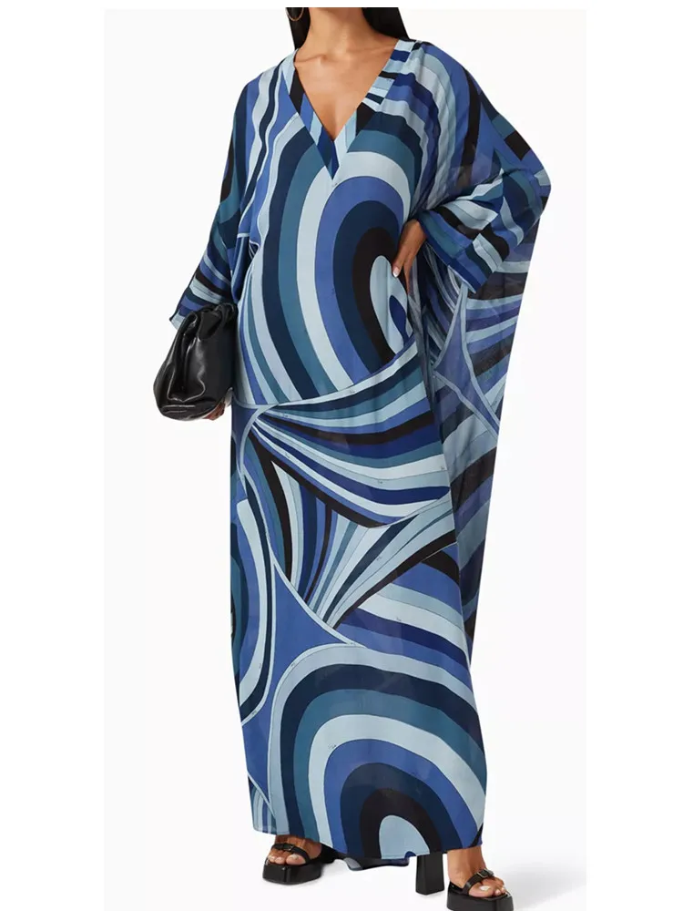 Luxury Designer High-Quality Summer Women's Jessy Silk Printed Kaftan Dress Loose Maxi in Navy Blue