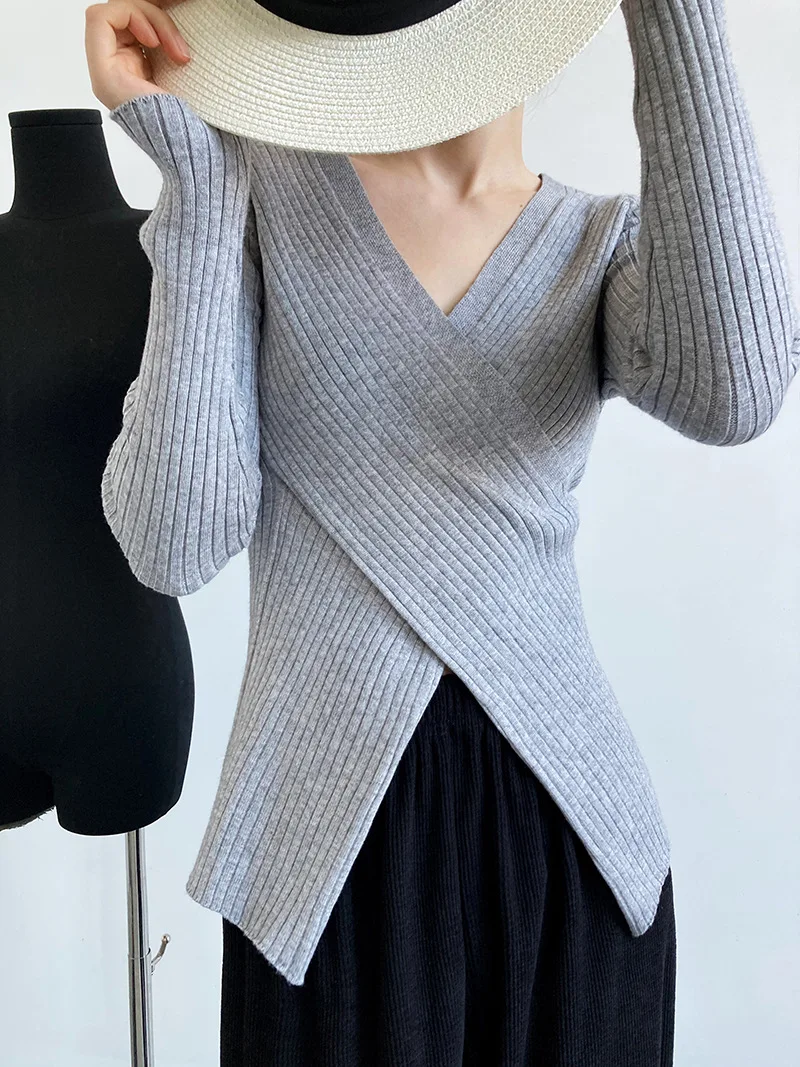 Women's Solid V-neck Sweater Clothing, Casual Cross Long Sleeve Sweater, Casual Tops For Fall & Spring