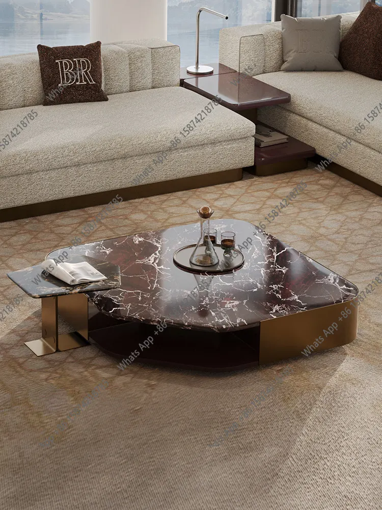 High-end large flat-floor living room, natural marble coffee table combination, Italian light luxury fashion