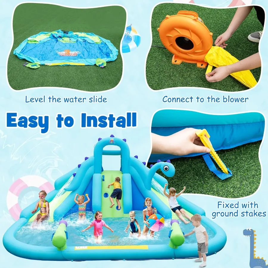 Scivolo gonfiabile per acqua, parco per casa con rimbalzo d'acqua di dinosauro per bambini e adulti all'aperto, scivoli doppi e piscina antispruzzo, combinato asciutto e bagnato B