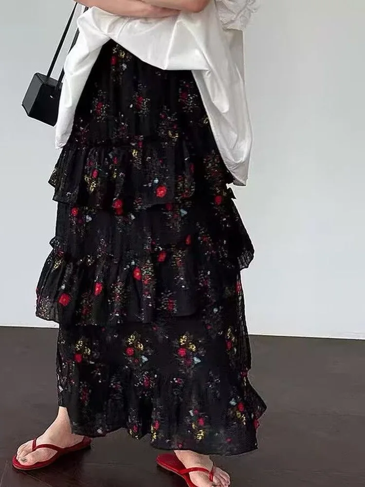 plus Size Korean Style Gentle Floral A-Line Pleated Cake Half Skirt Women Summer Open Side Long Skirt Skin-friendly Breathable