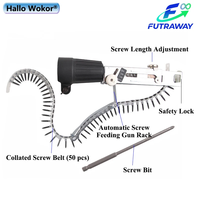 HALLO WOKOR Automatic Chain Nail Gun Adapter Screw Gun for Electric Drill Woodworking Tool Cordless Power Drill Attachment