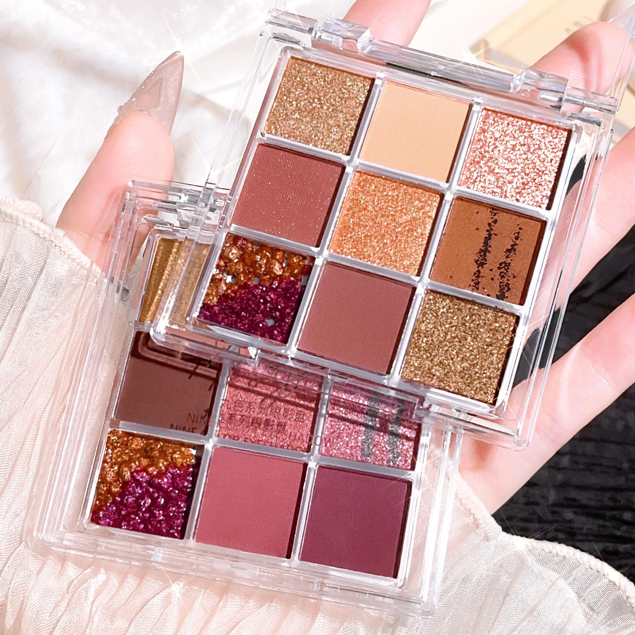 여름 9색 아이섀도우 팔레트: 오렌지 브라운, 핑크 및 골드, 매트 쉬머 효과, 지속력 있는 메이크업, 글리터 로즈 아이섀도우