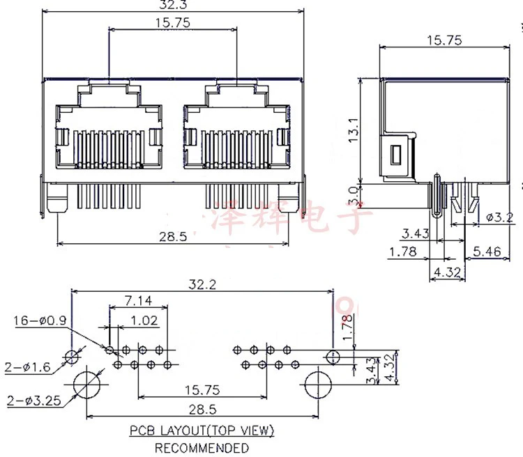 RJ45 socket duplex 56 8p8c network socket 2 mouth 56-1 x2 copper tape screened double conjoined short model No lights, no play