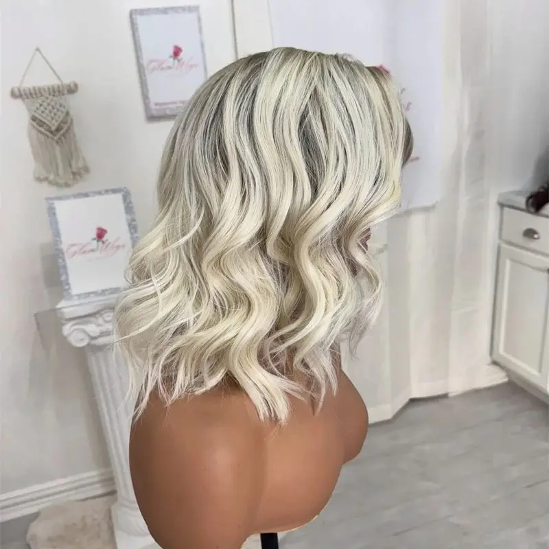 أومبير الأبيض البلاتين شقراء تسليط الضوء على الدانتيل الباروكة الأمامية موجة قصيرة بوب مع الانفجارات المصنع الأصلي شعر مستعار رخيصة 180% عالية الكثافة #2