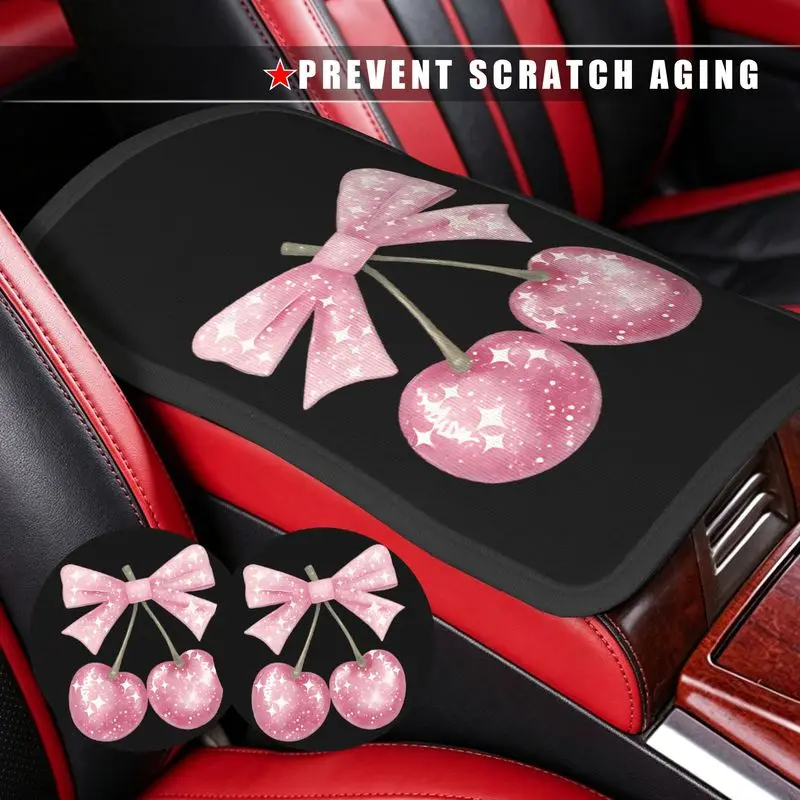 1PC Car Armrest Cover And 2Pcs Cup Coasters: Starry Pink Cherry Bow Pattern For Cute Women Auto Interior, Prevent Scratch Aging