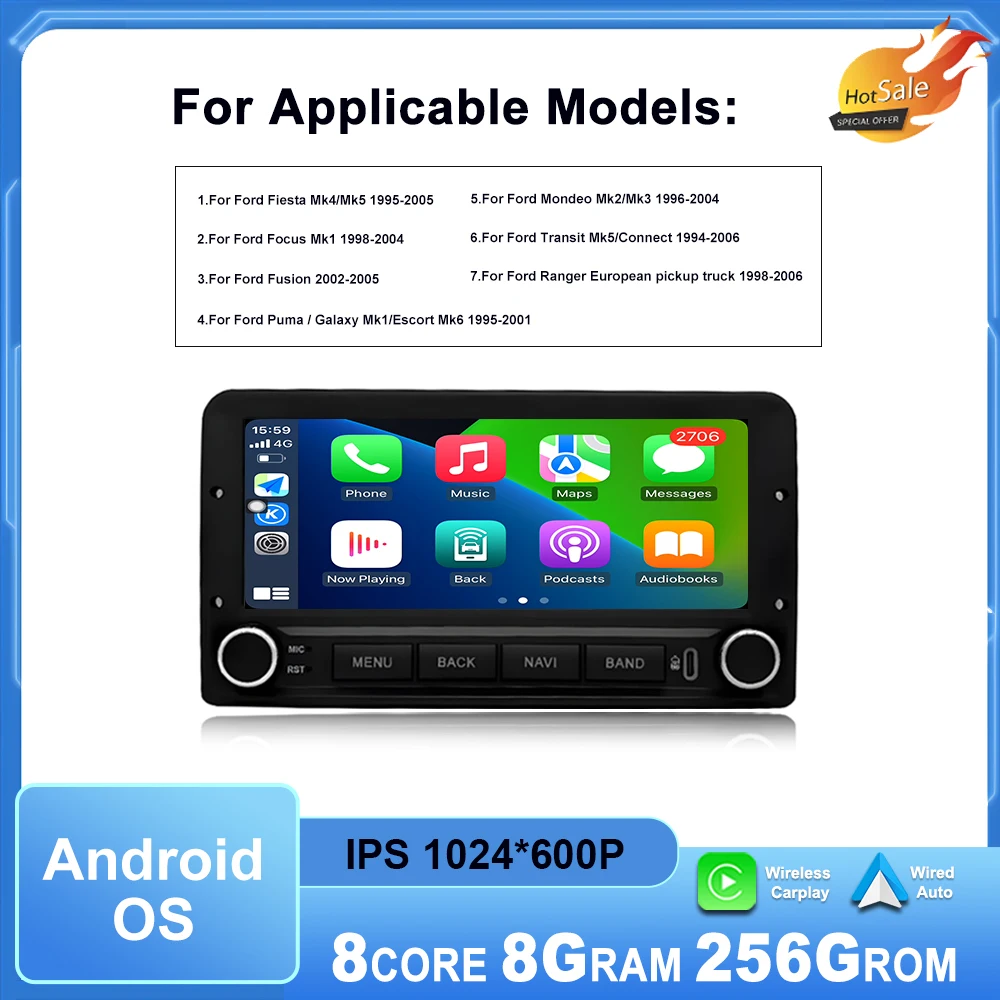 for Ford Fiesta Mk4/Mk5 1995-2005 Car Radio Multimedia Touch  Display Screen Android Auto Wireless CarPlay GPS Navi DSP WiFi BT