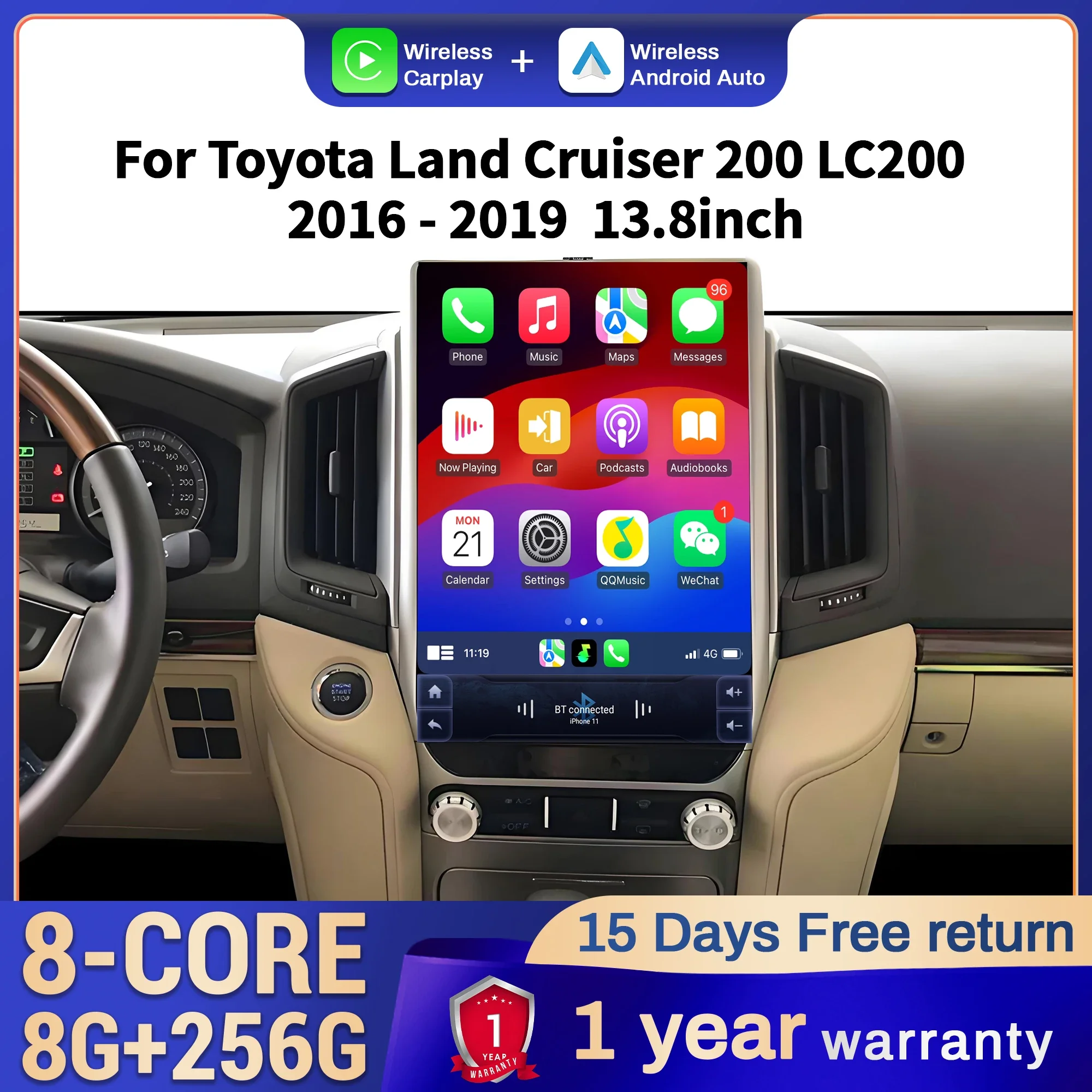 

13.8inch Car Radio For Toyota Land Cruiser 200 LC200 2016-2019 Head Unit Wireless Bluetooth CarPlay Touch Screen Stereo System