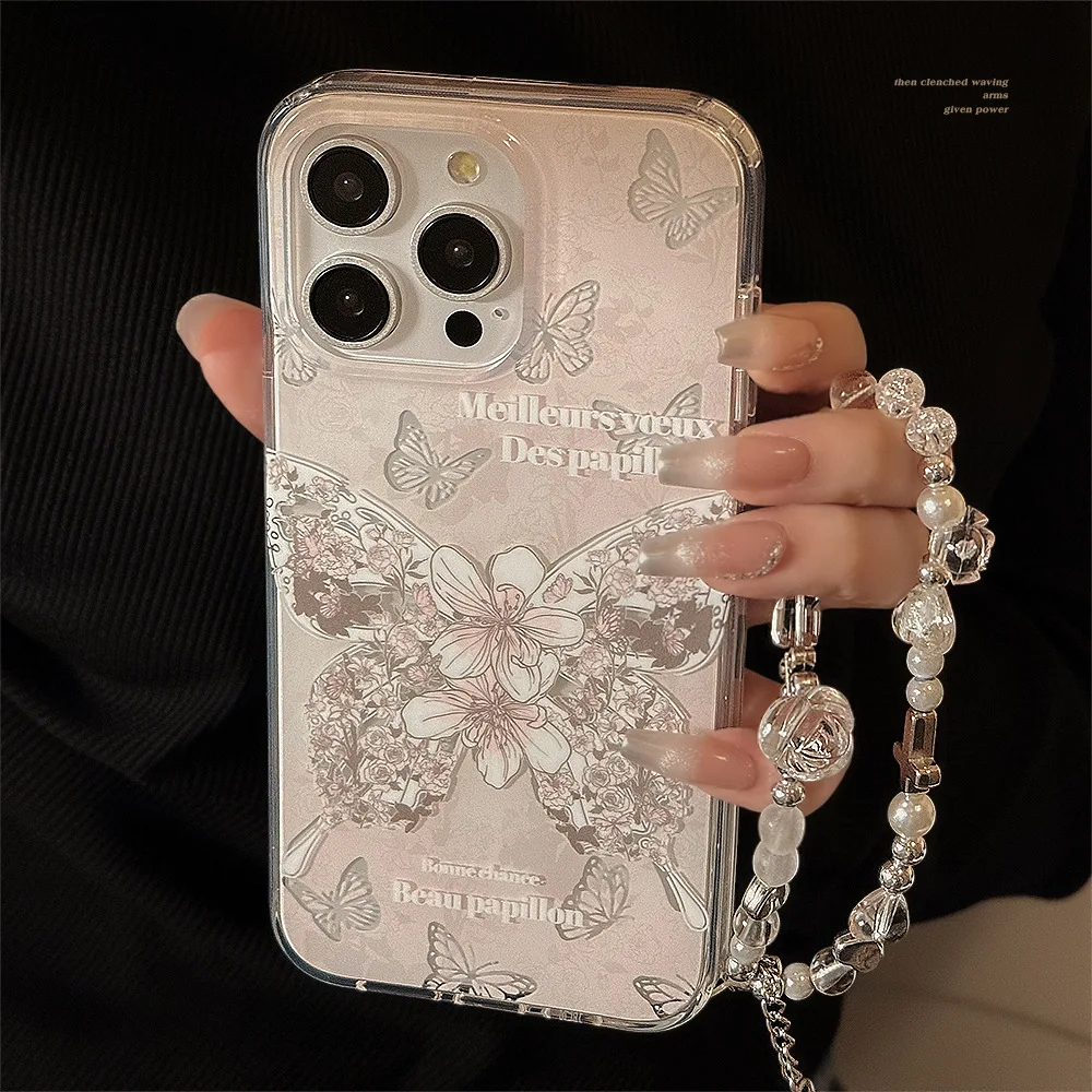 Koreanische Blumen Schmetterling Dual Layer Handyhülle mit Armbandkette für iPhone 15 16 14 13 12 Pro Max stoßfeste Schutzhülle