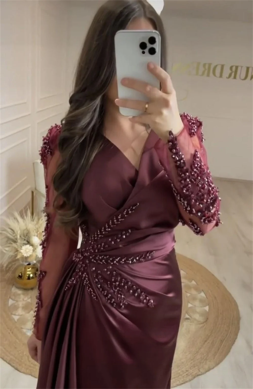 Annie Satin Beading Prom Dresses V Neck Long Sleeves فساتين السهرة Luxurious Dubai Arab Skirt Mopping The Floor Serenehill