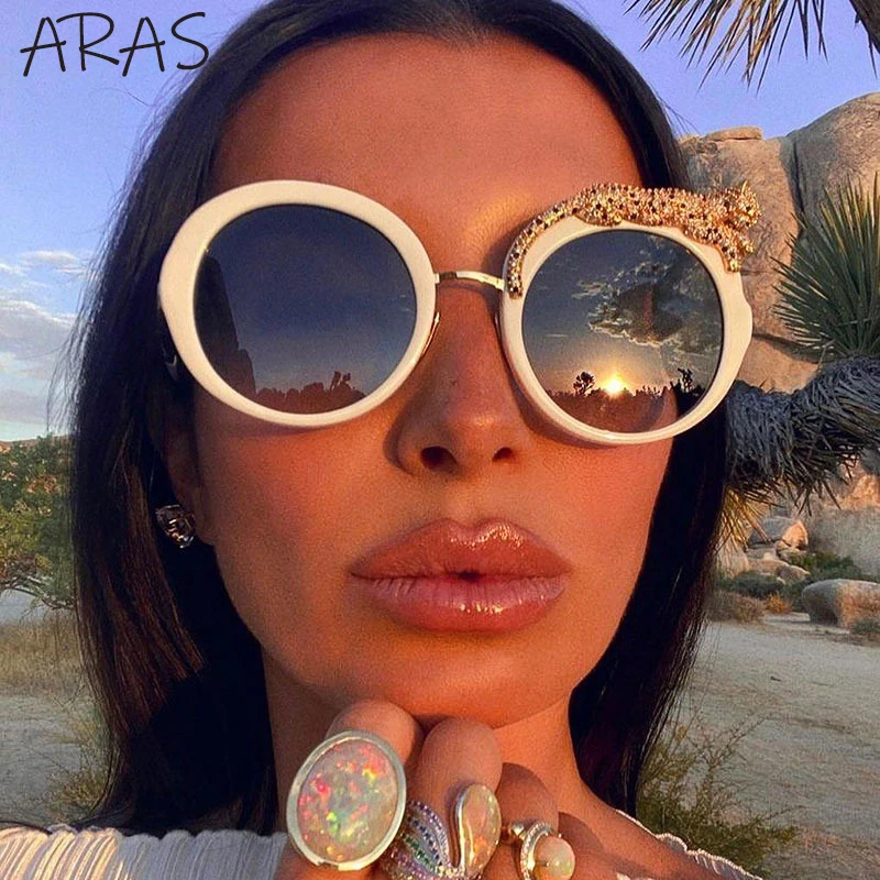 Übergroße Runde Sonnenbrille für Damen 2026 Luxusmarke Mode Kristall Leopardenkopf Sonnenbrillen Retro Anti-Blaulicht-Brillen – Detail 2
