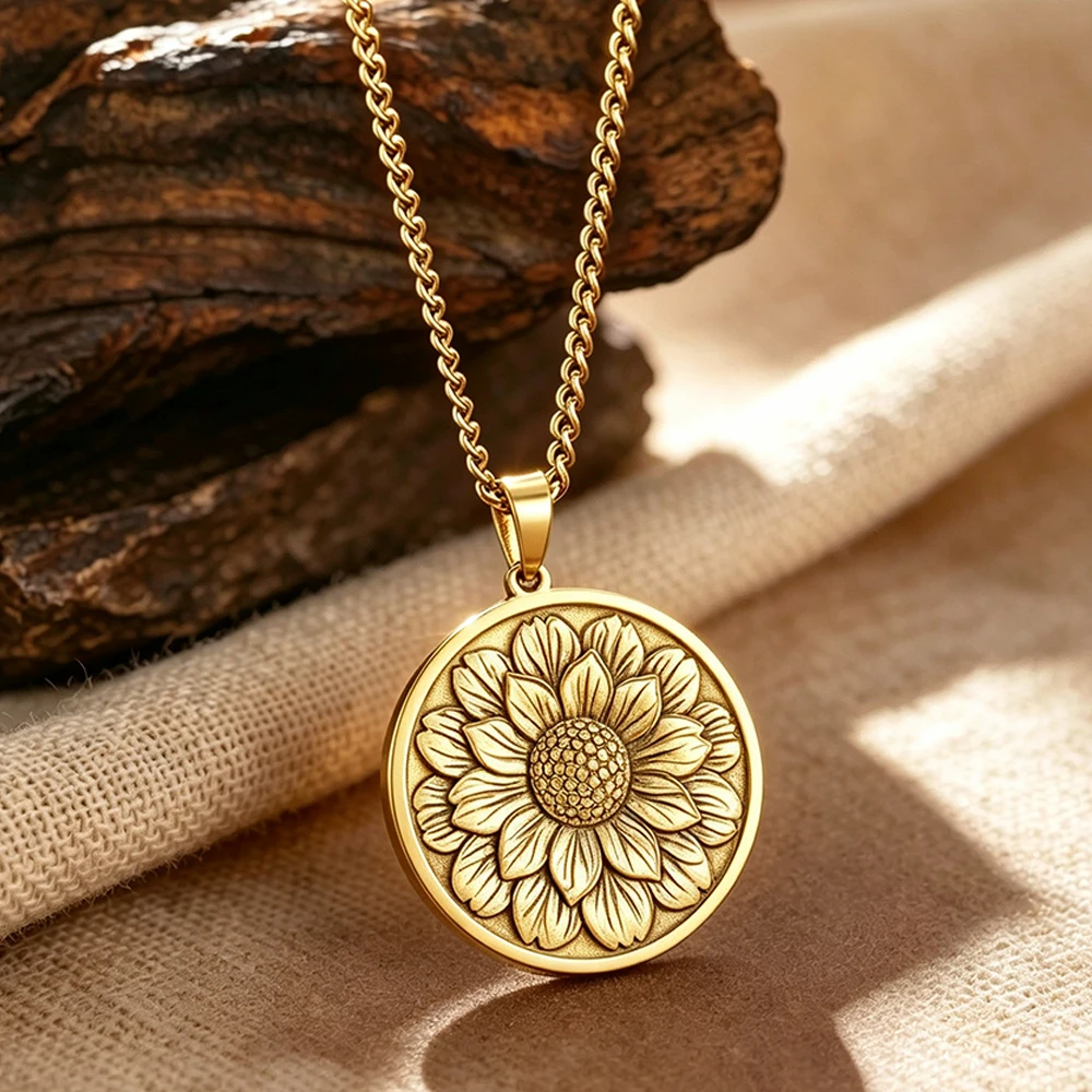 3D Sunflower Pendant Necklace Brass Embossed Sunflower Round Medallion Pendant Stainless Steel Chain Neck Jewelry Gift for Women