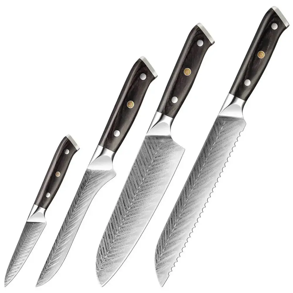 Japanische Küchenmesser 1-4-teiliges Set, Scharfe 5Cr15Mov Edelstahlmesser mit Lasermuster, Kochmesser für Brot, Santoku, Ausbeinen, Schälen